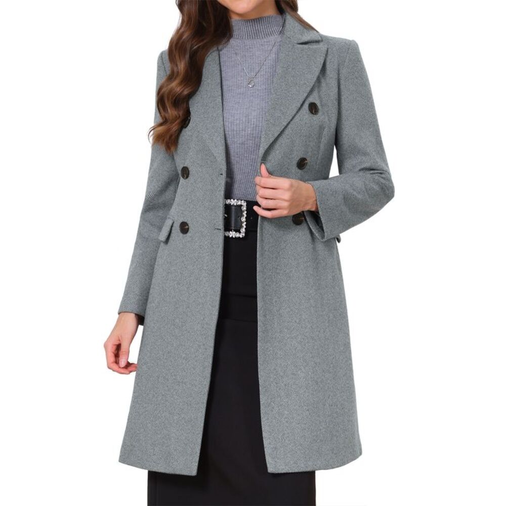 Women's Lapel Collar Elegant Work Office Outwear Winter Pea Coat Twill Grey